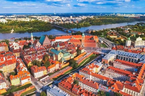 Aerial view of the cityscape of Warsaw, Poland